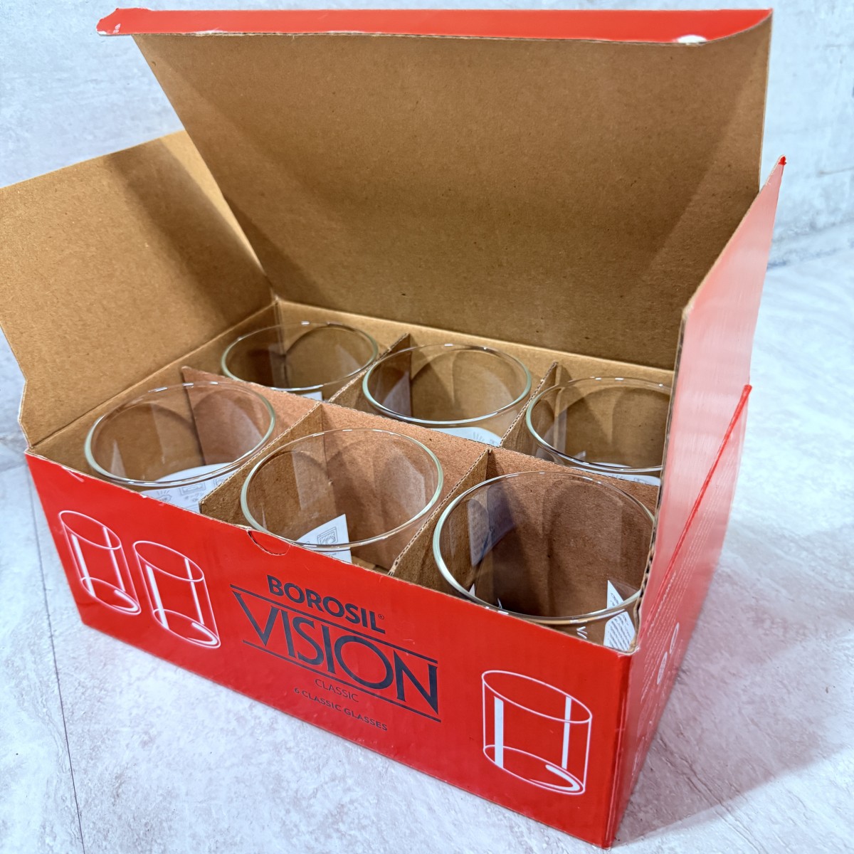 C04122 【直接引取可】 BOROSIL ボロシル VISION GLASS LW 305ml 6個セット 耐熱ガラス グラス 元箱付 美品（2/10）