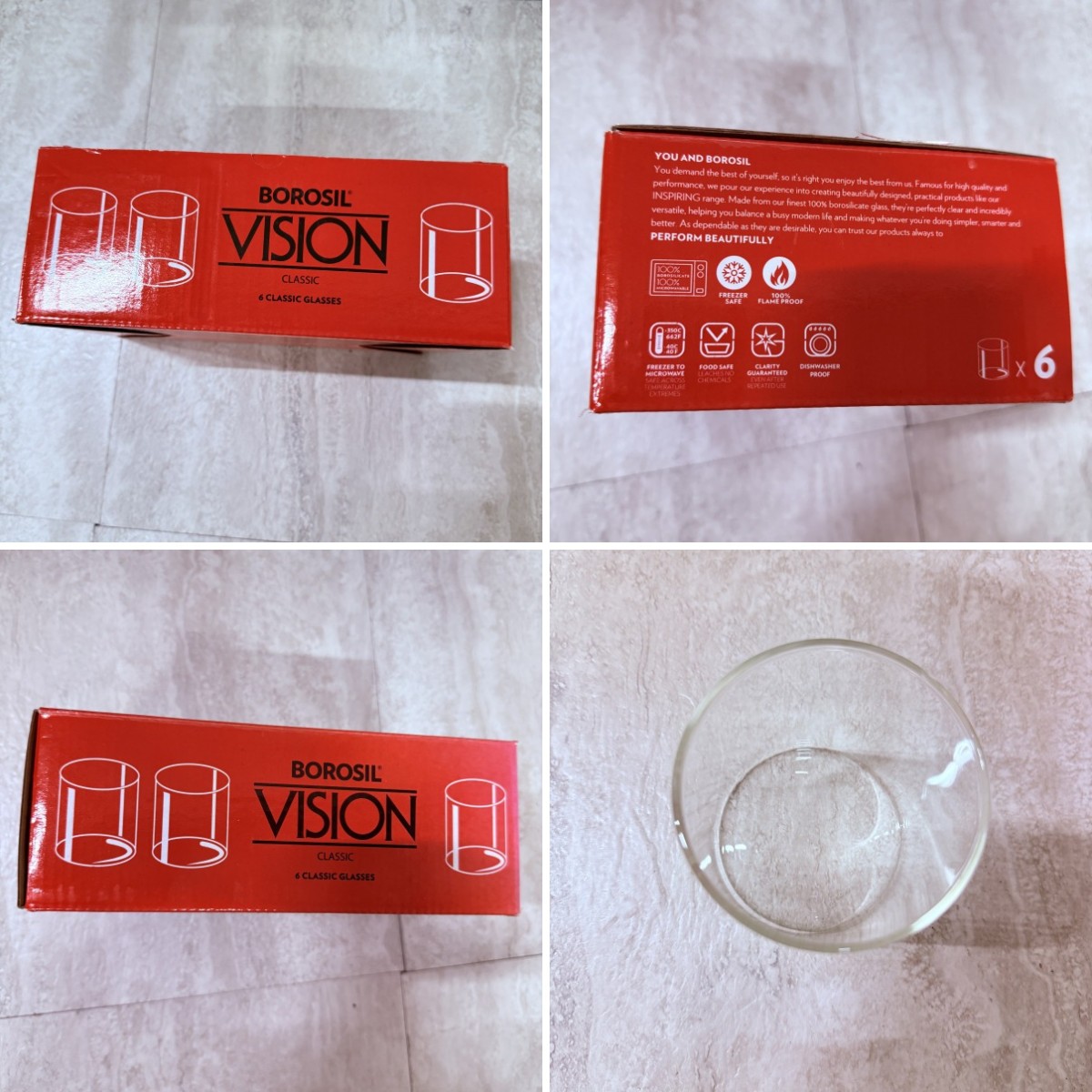 C04122 【直接引取可】 BOROSIL ボロシル VISION GLASS LW 305ml 6個セット 耐熱ガラス グラス 元箱付 美品（4/10）