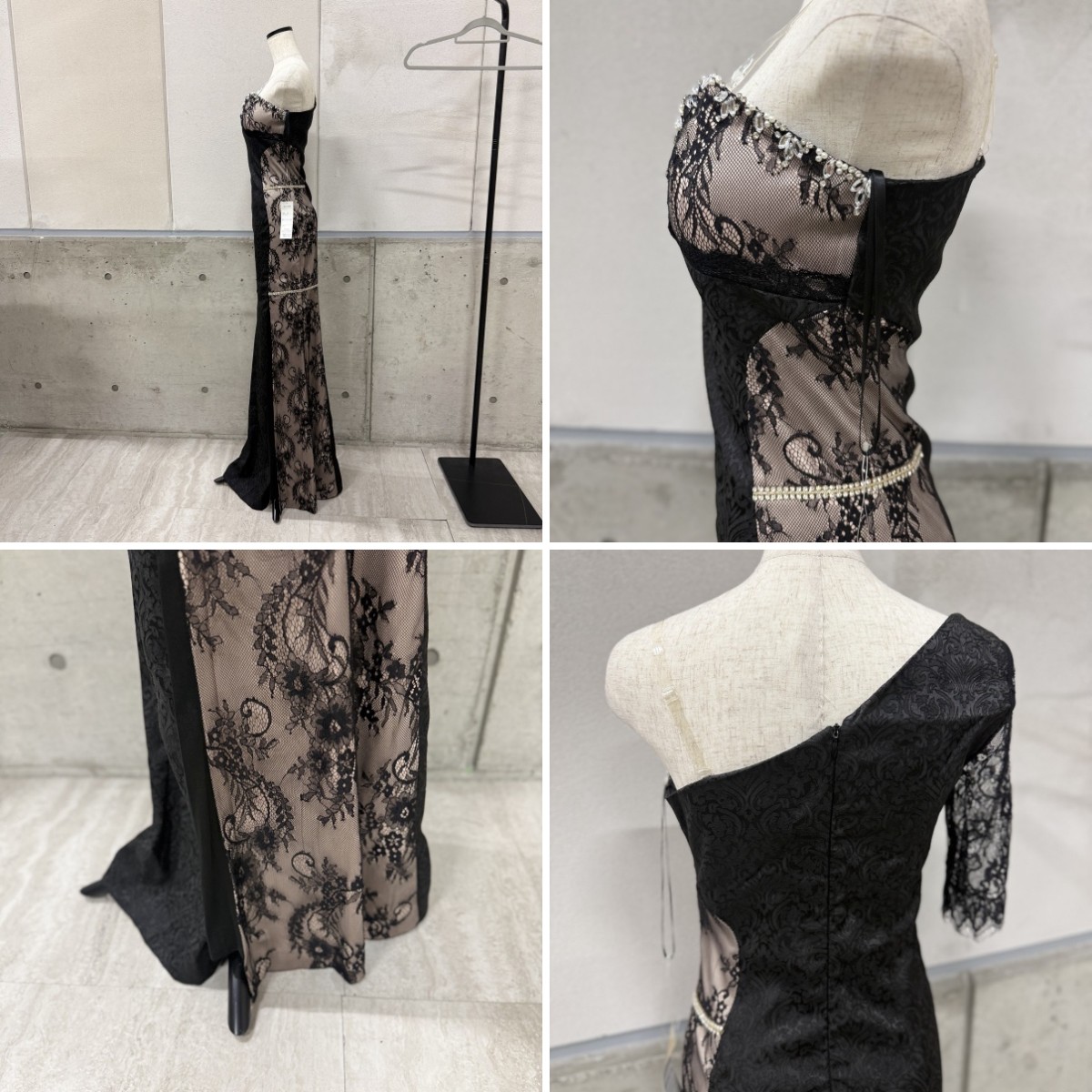 Z04234【直接引取可】LuxeStyle 51305 M ブラック レース ワンショルダー ロングドレス キャバドレス ビジュー タグ付（5/10）
