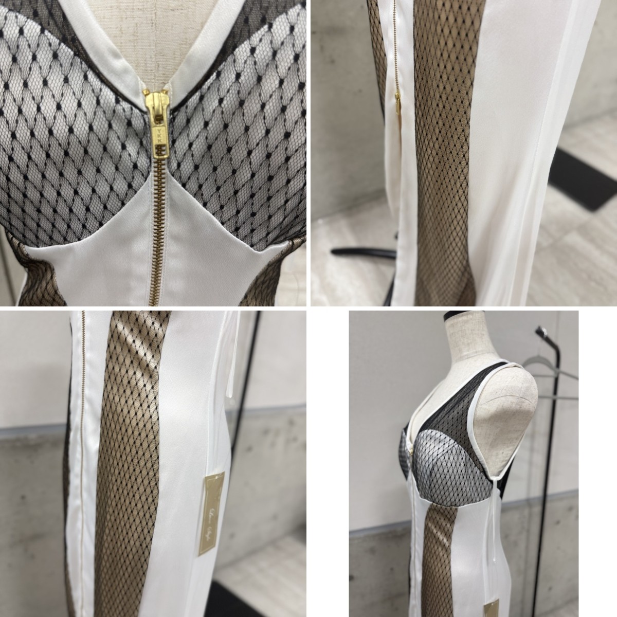 Z04235【直接引取可】LuxeStyle 19009 L ロングキャバドレス ホワイト ブラック メッシュ タイト センタージップ スリット パーティー（2/9）
