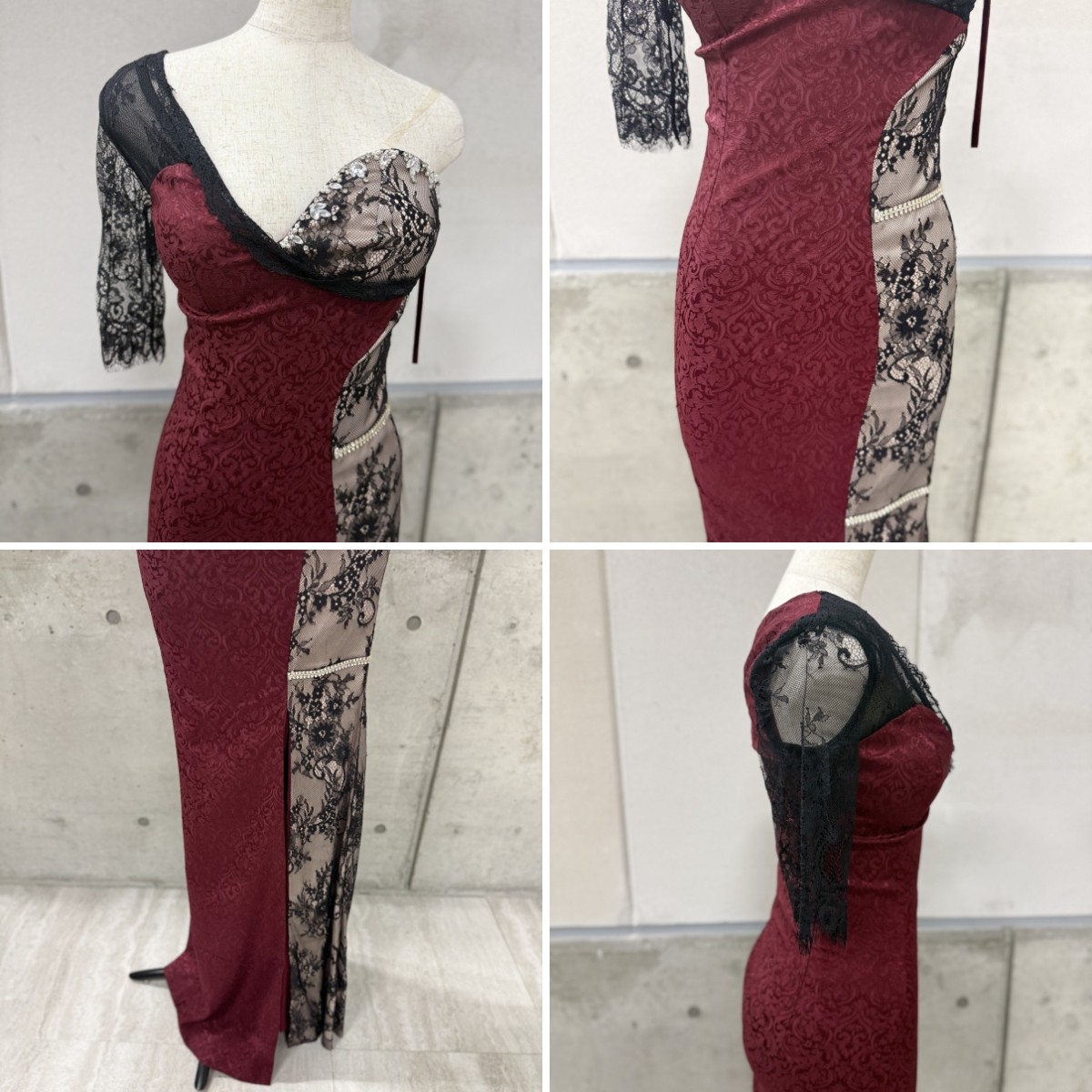Z04236【直接引取可】LuxeStyle 51305 S ロングドレス ワインレッド ブラックレース ワンショルダー タイト キャバドレス ビジュー（2/9）