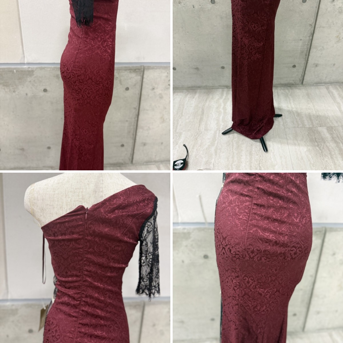 Z04236【直接引取可】LuxeStyle 51305 S ロングドレス ワインレッド ブラックレース ワンショルダー タイト キャバドレス ビジュー（3/9）