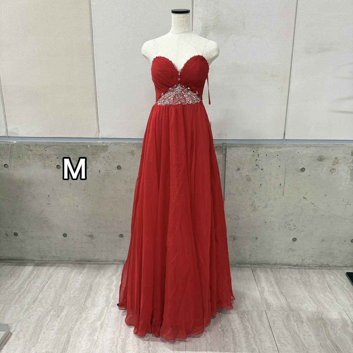 Z04261　LuxeStyle　リュクススタイル　51502　ロングドレス　M　レッド　ビジュー　シフォン　Aライン　キャバドレス　赤　バースデー